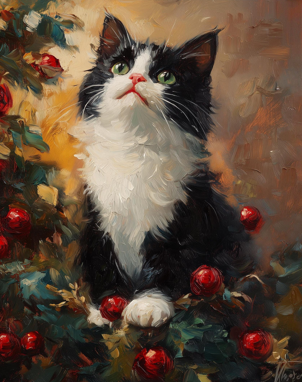 Tuxedo Cat Christmas art print unframed, signed by Pattie Overcash