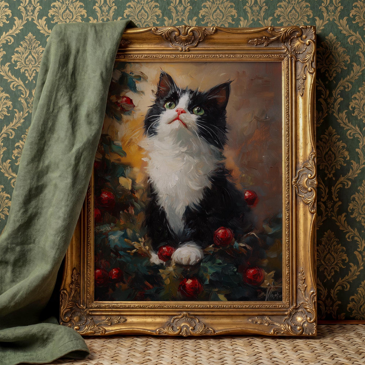 Tuxedo Cat Christmas art print shown in a room setting