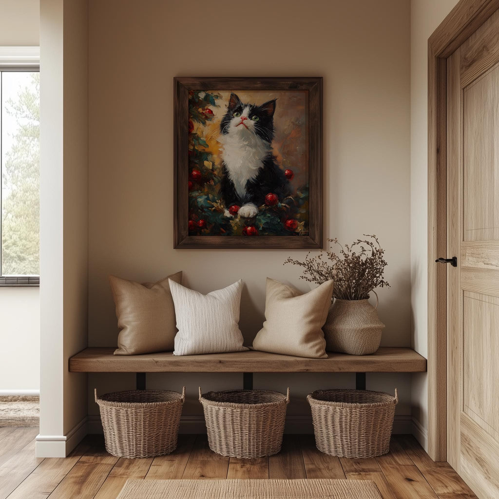 Tuxedo Cat Christmas art print shown in a room setting