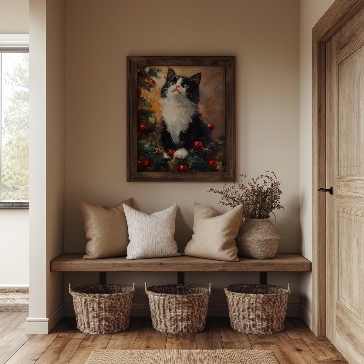 Tuxedo Cat Christmas art print shown in a room setting