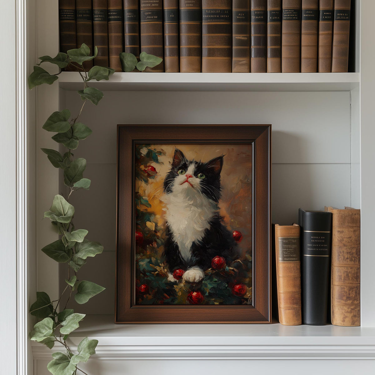 Tuxedo Cat Christmas art print shown in a room setting