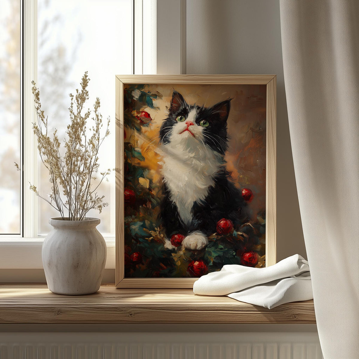 Tuxedo Cat Christmas art print shown in a room setting