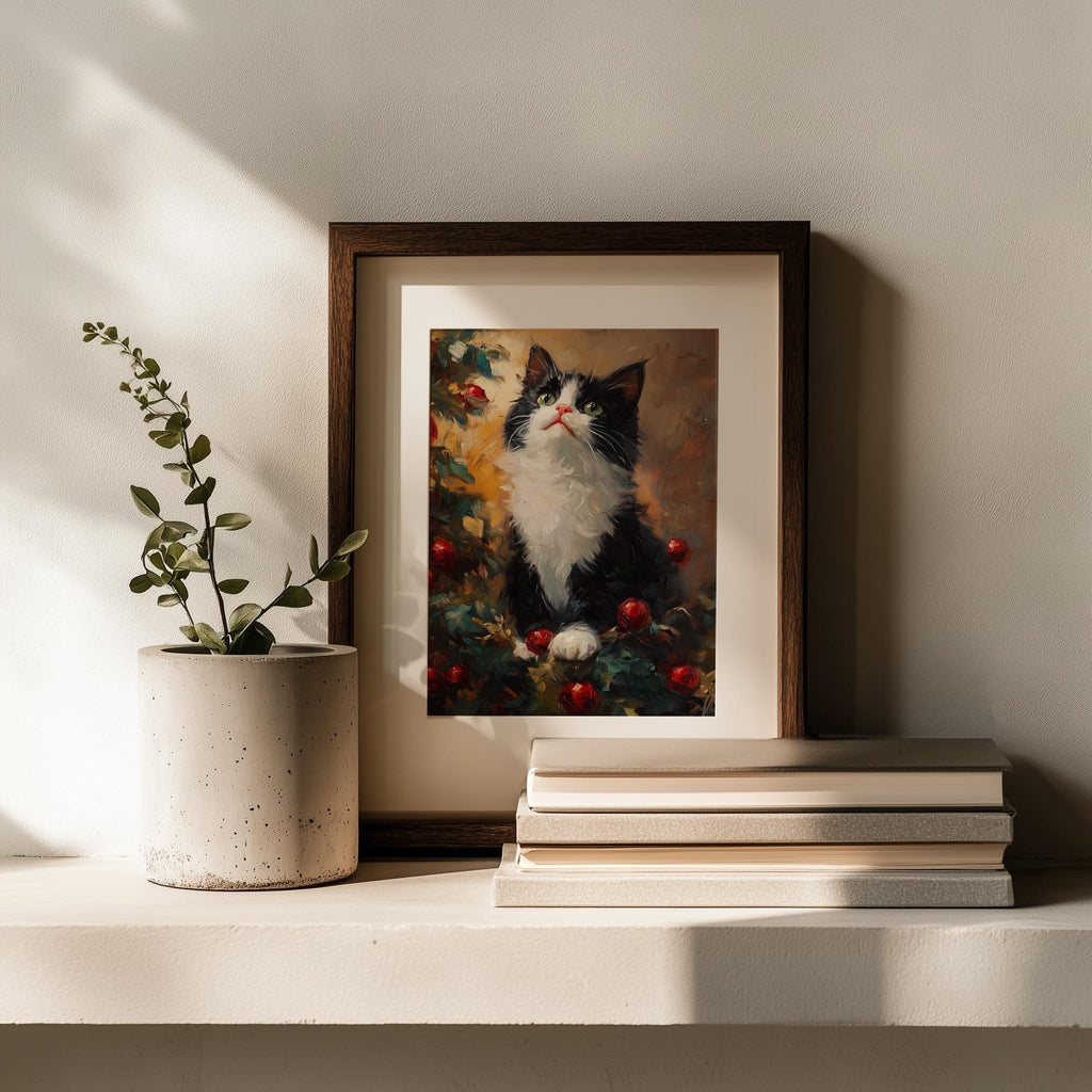 Tuxedo Cat Christmas art print shown in a room setting