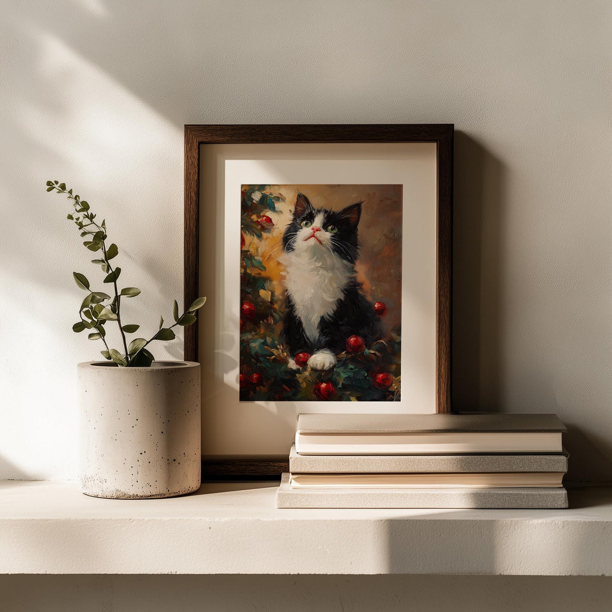 Tuxedo Cat Christmas art print shown in a room setting