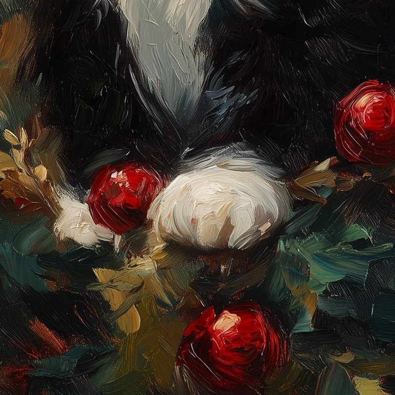 Tuxedo Cat Christmas art print close-up detail