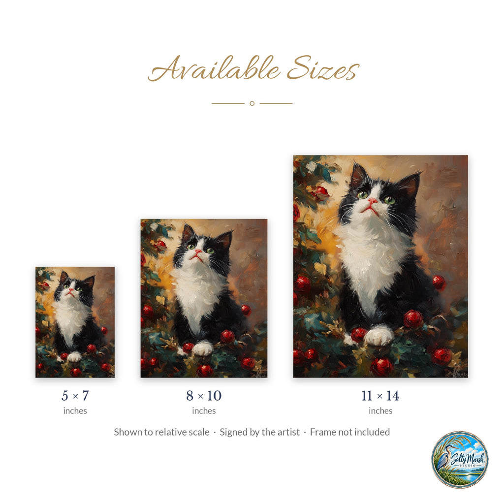 Tuxedo Cat art print size guide: 5x7, 8x10 and 11x14