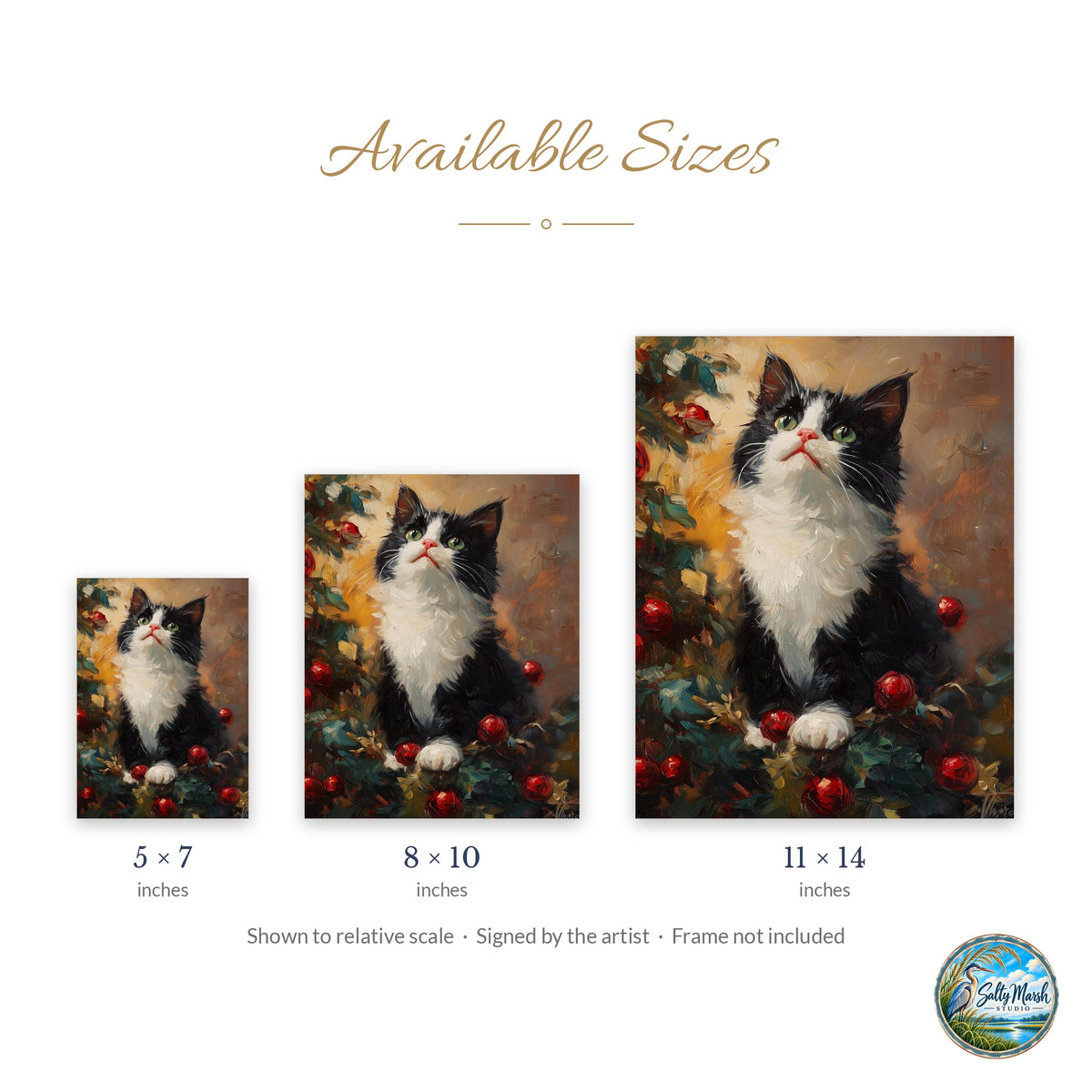 Tuxedo Cat art print size guide: 5x7, 8x10 and 11x14