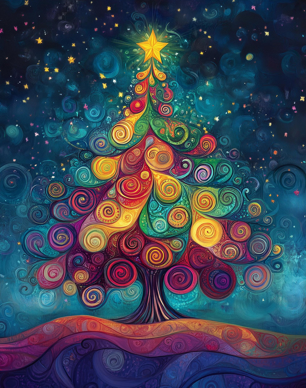 Swirl Tree Christmas art print unframed, signed by Pattie Overcash