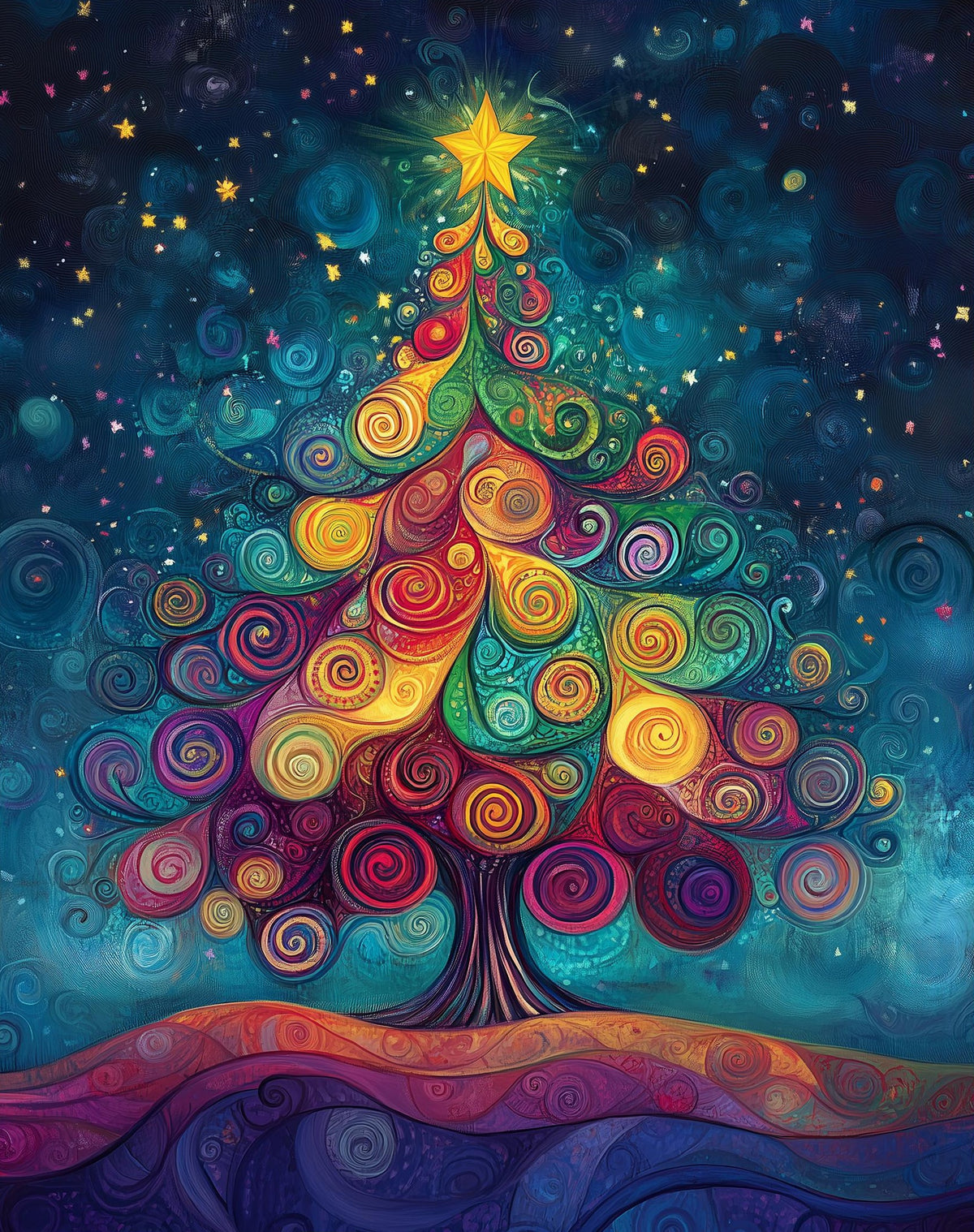 Swirl Tree Christmas art print unframed, signed by Pattie Overcash