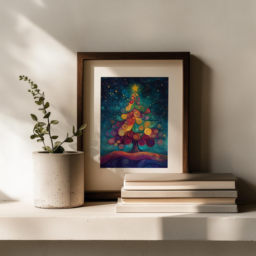 Swirl Tree Christmas art print shown in a room setting