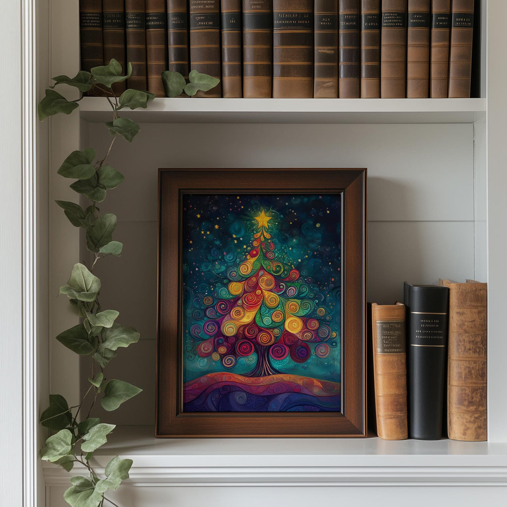 Swirl Tree Christmas art print shown in a room setting