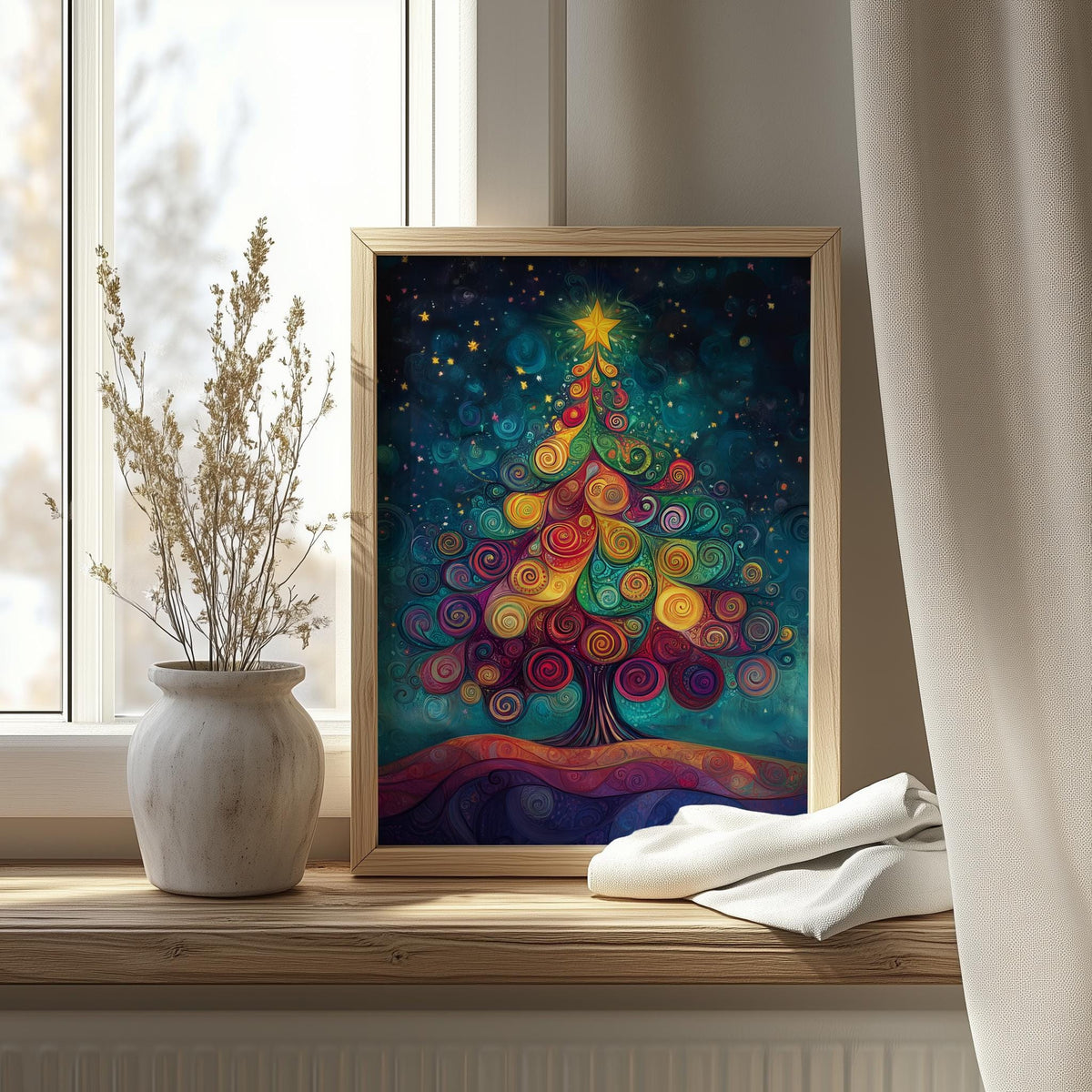 Swirl Tree Christmas art print shown in a room setting