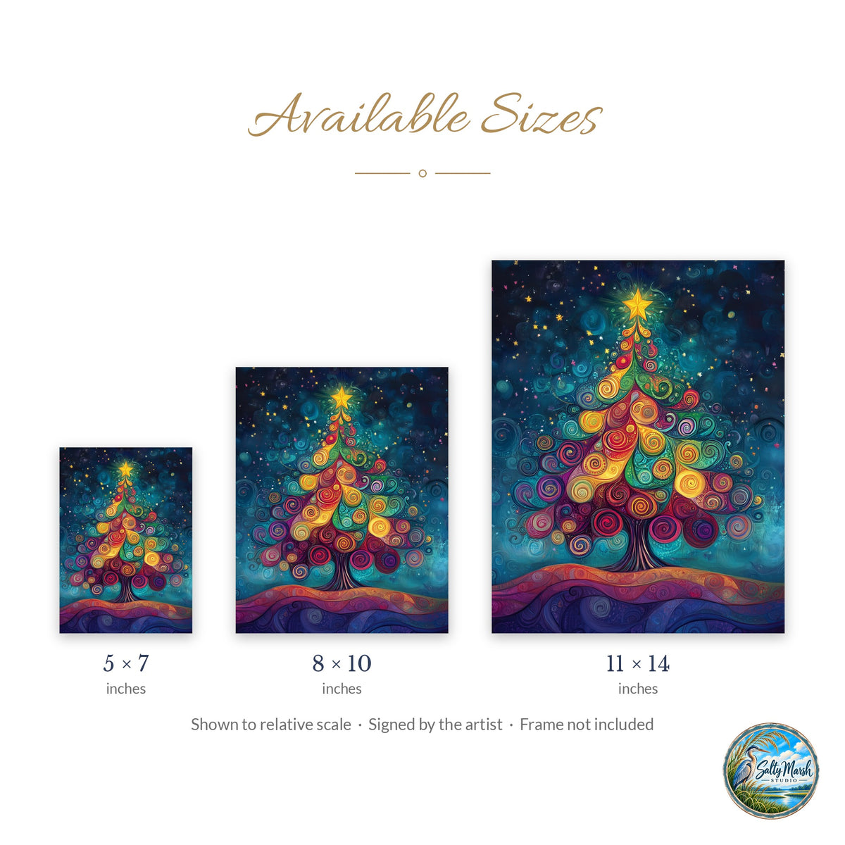 Swirl Tree art print size guide: 5x7, 8x10 and 11x14