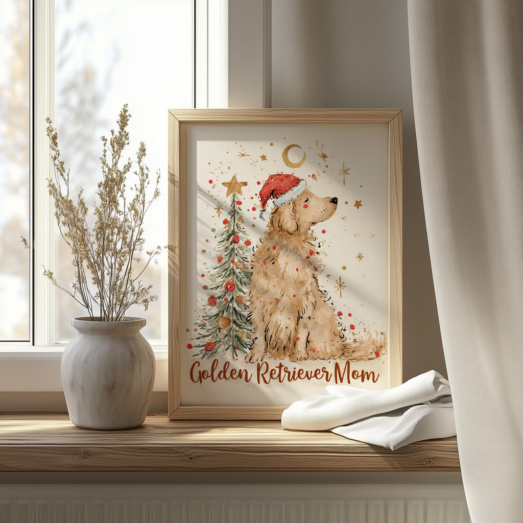 Golden Mom Christmas art print shown in a room setting