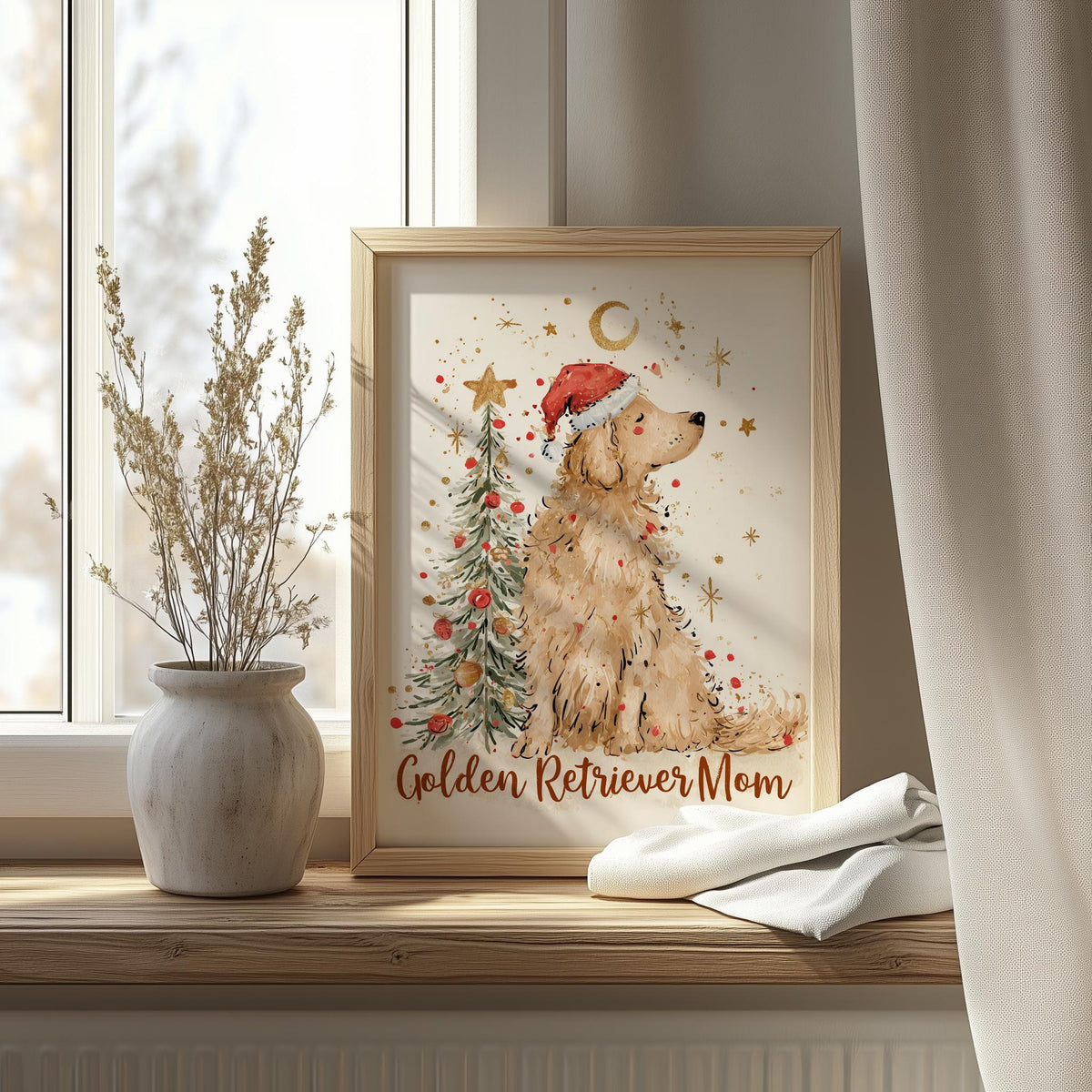 Golden Mom Christmas art print shown in a room setting