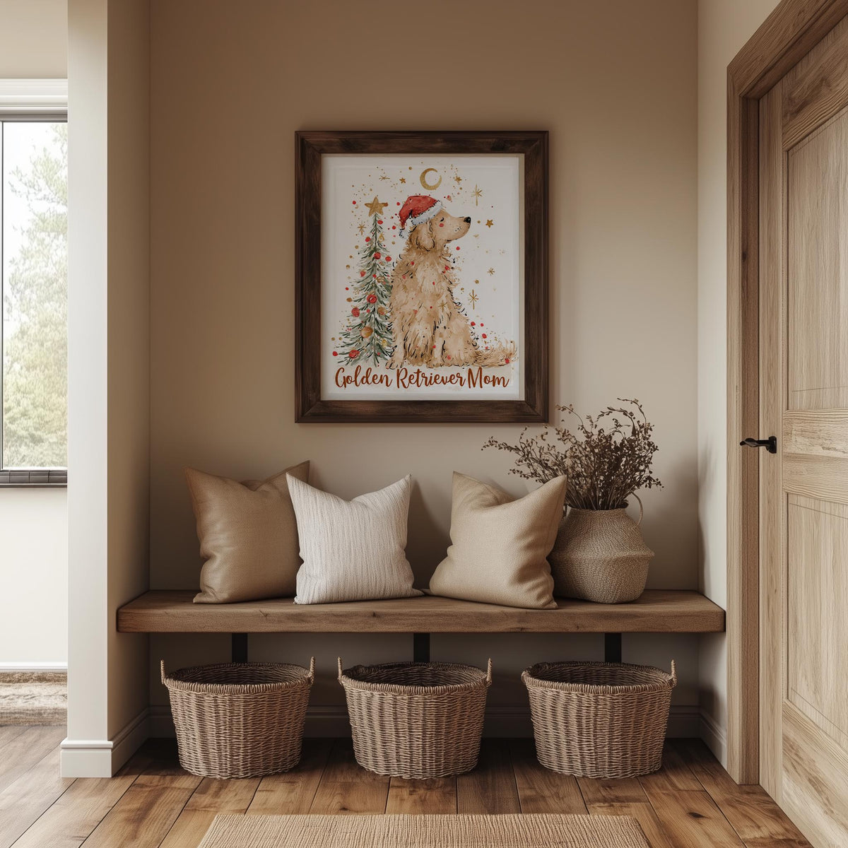 Golden Mom Christmas art print shown in a room setting