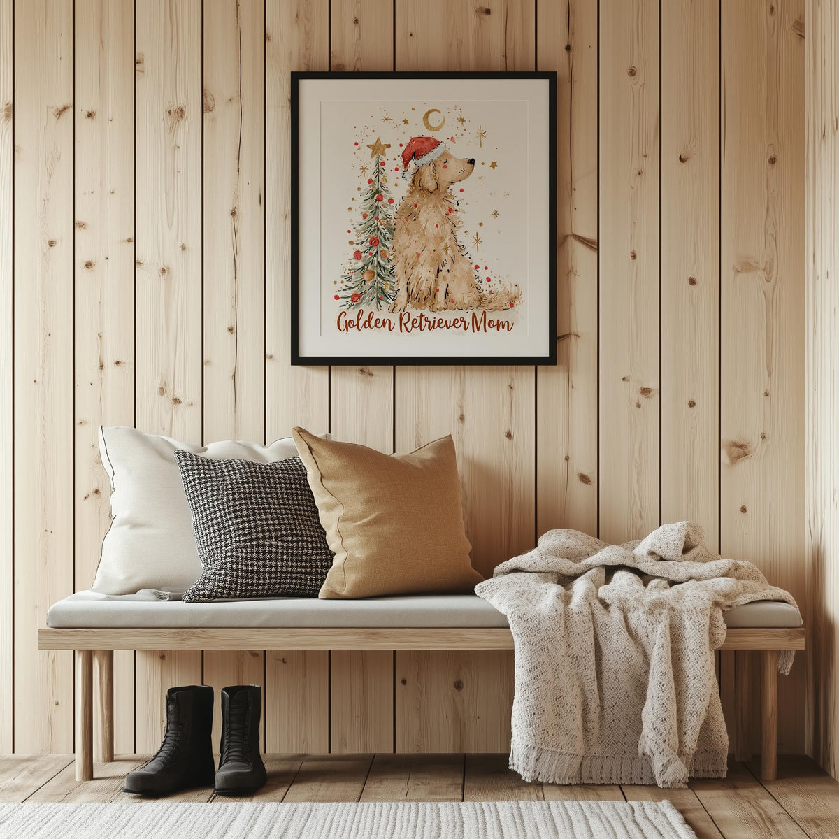 Golden Mom Christmas art print shown in a room setting