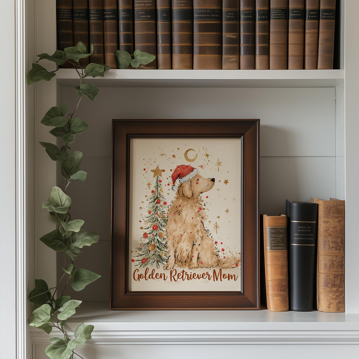Golden Mom Christmas art print shown in a room setting