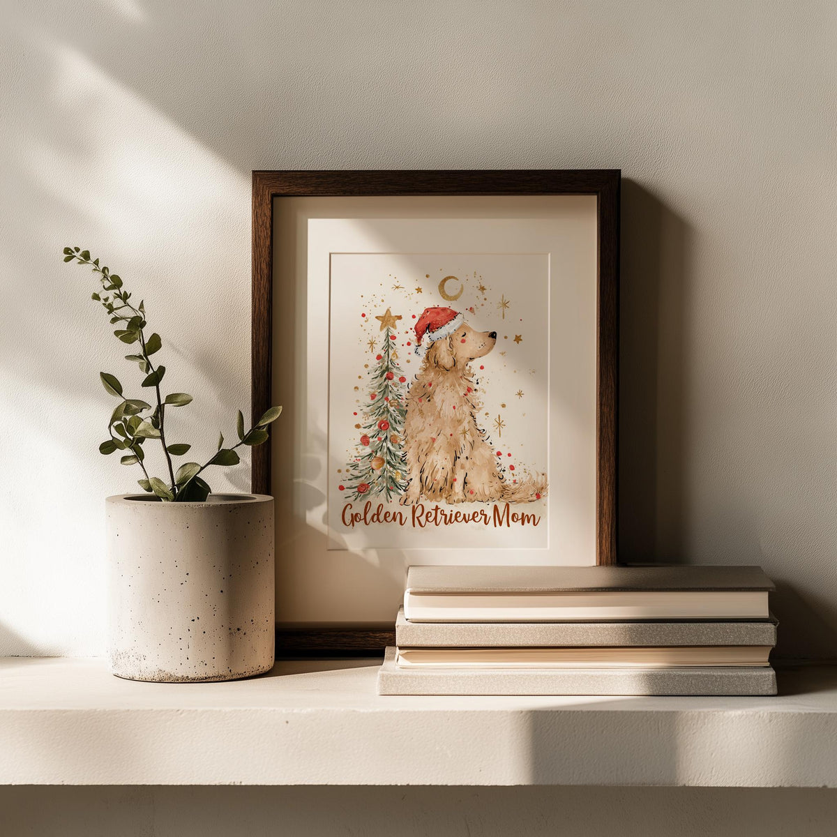 Golden Mom Christmas art print shown in a room setting