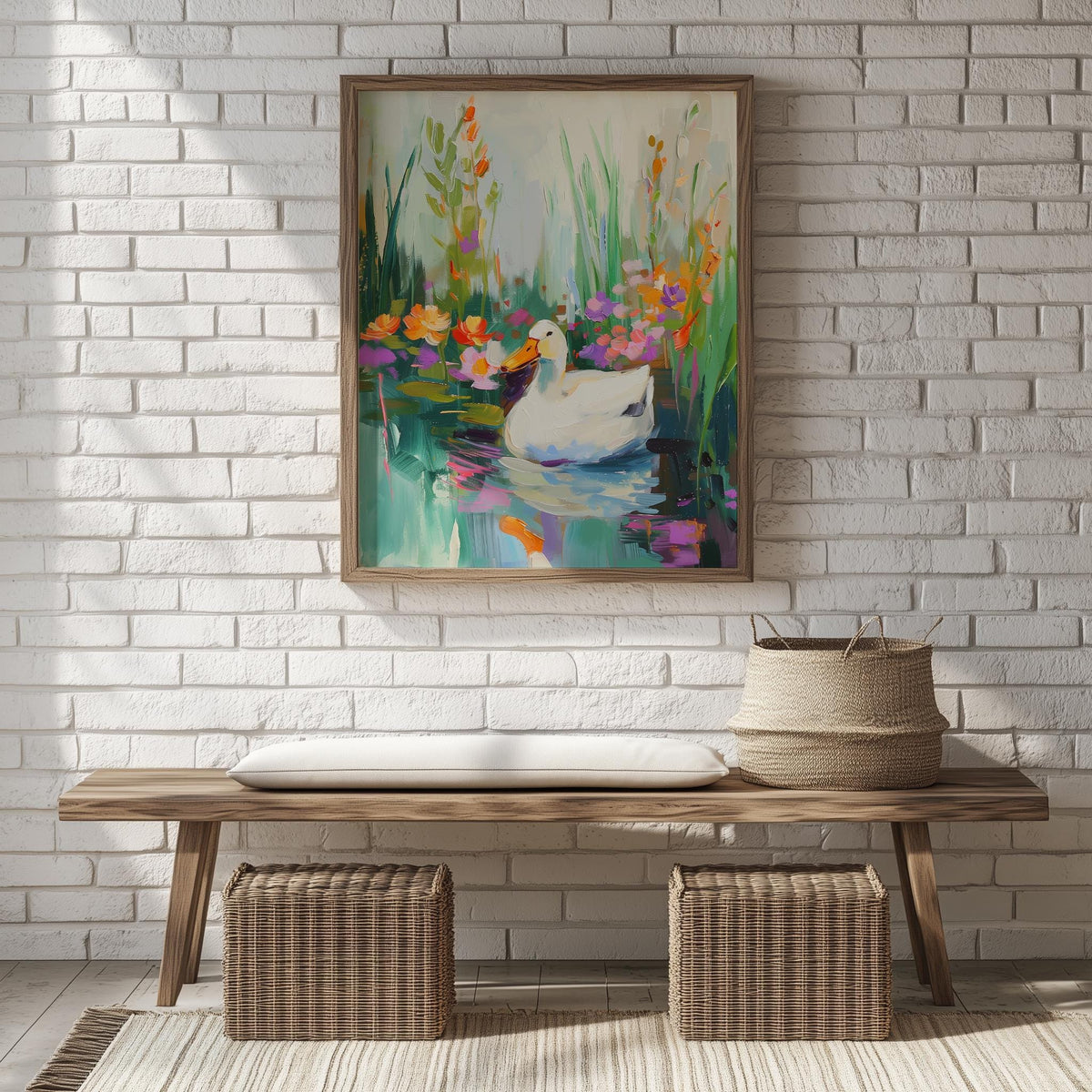 Duck Pond animal art print shown in a room setting