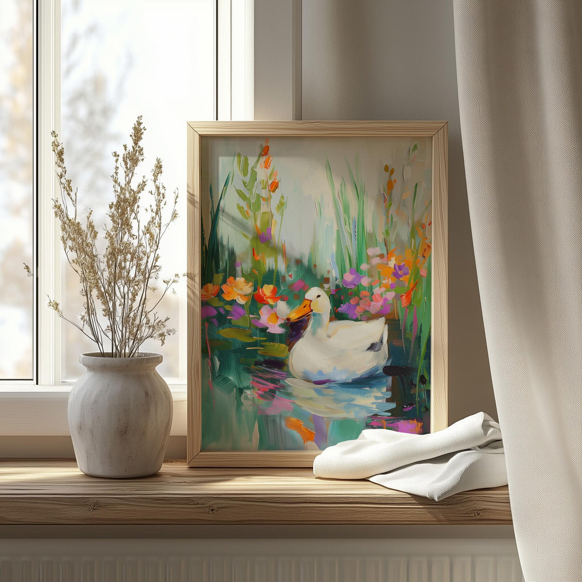 Duck Pond animal art print shown in a room setting