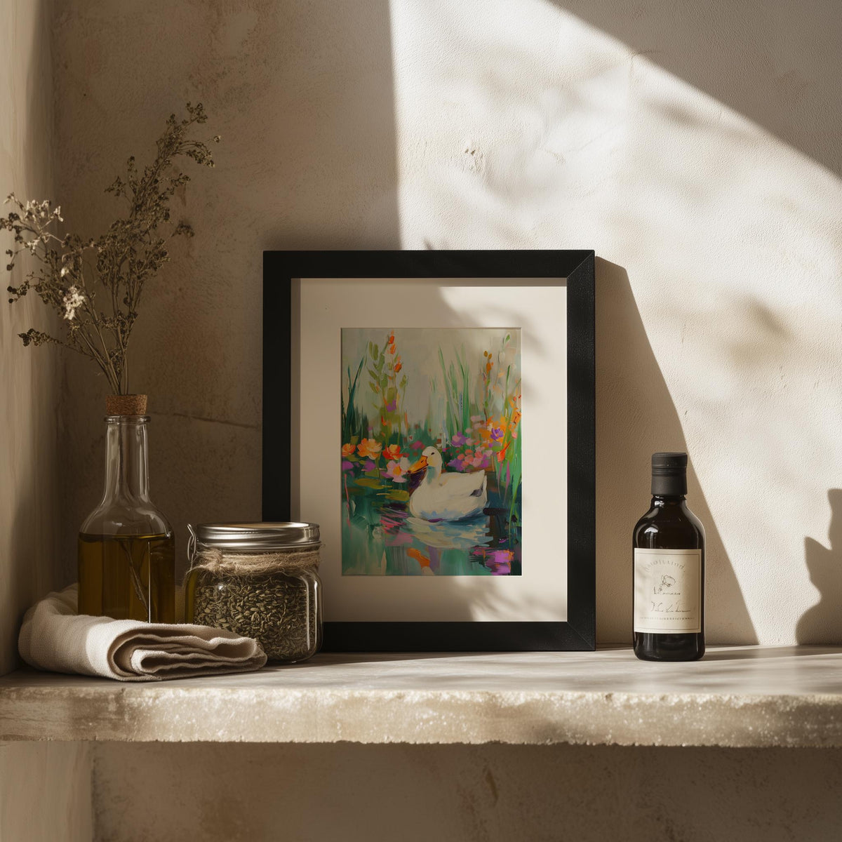Duck Pond animal art print shown in a room setting
