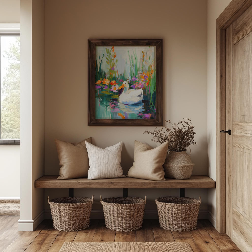 Duck Pond animal art print shown in a room setting