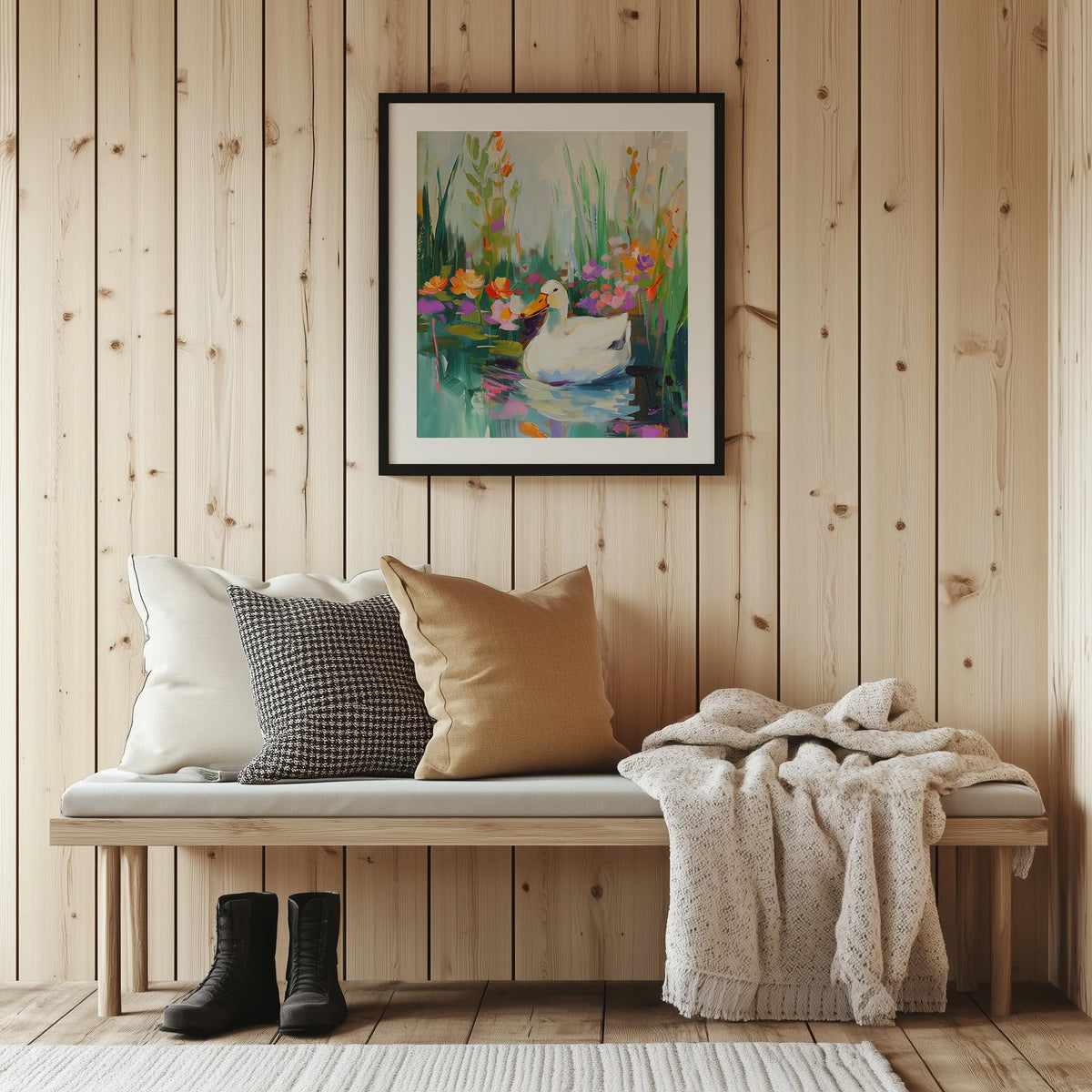 Duck Pond animal art print shown in a room setting