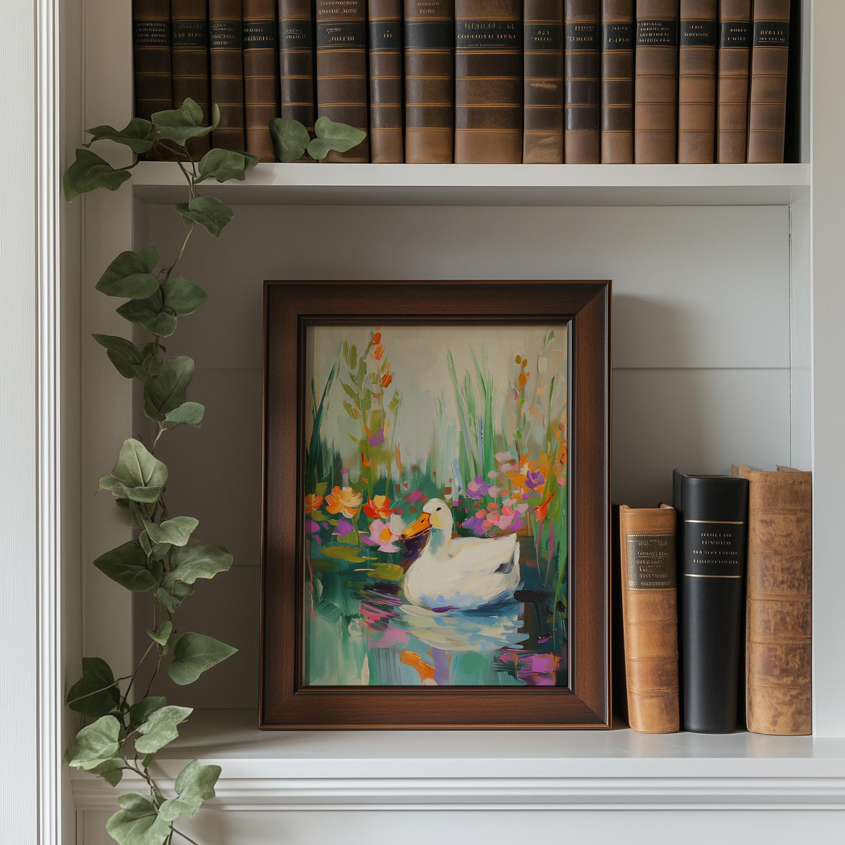 Duck Pond animal art print shown in a room setting