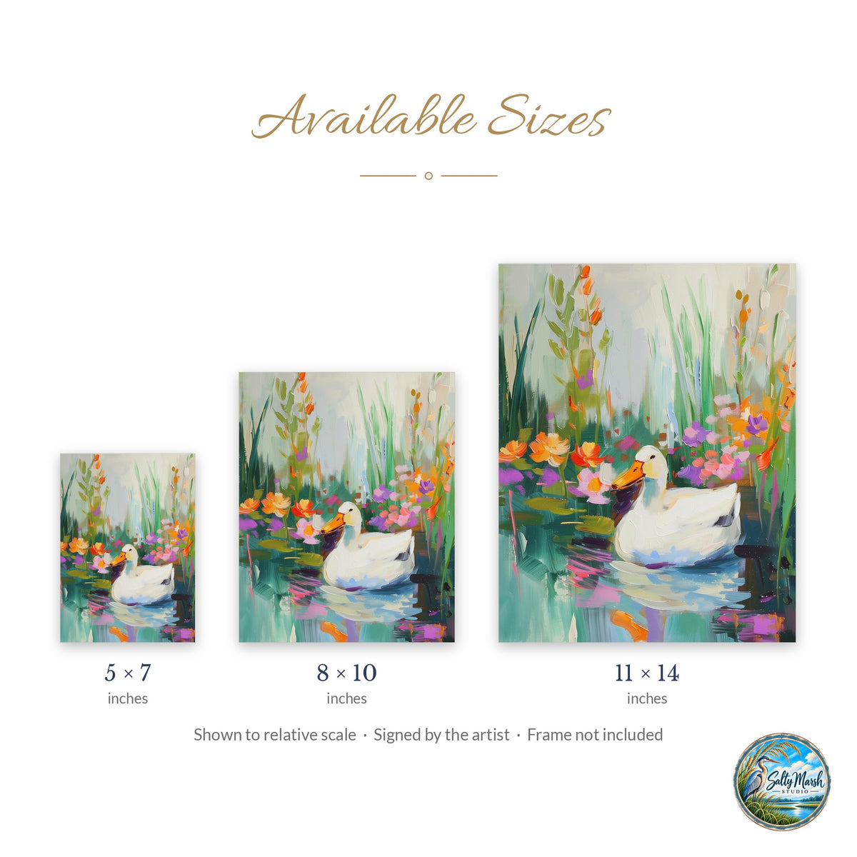 Duck Pond art print size guide: 5x7, 8x10 and 11x14