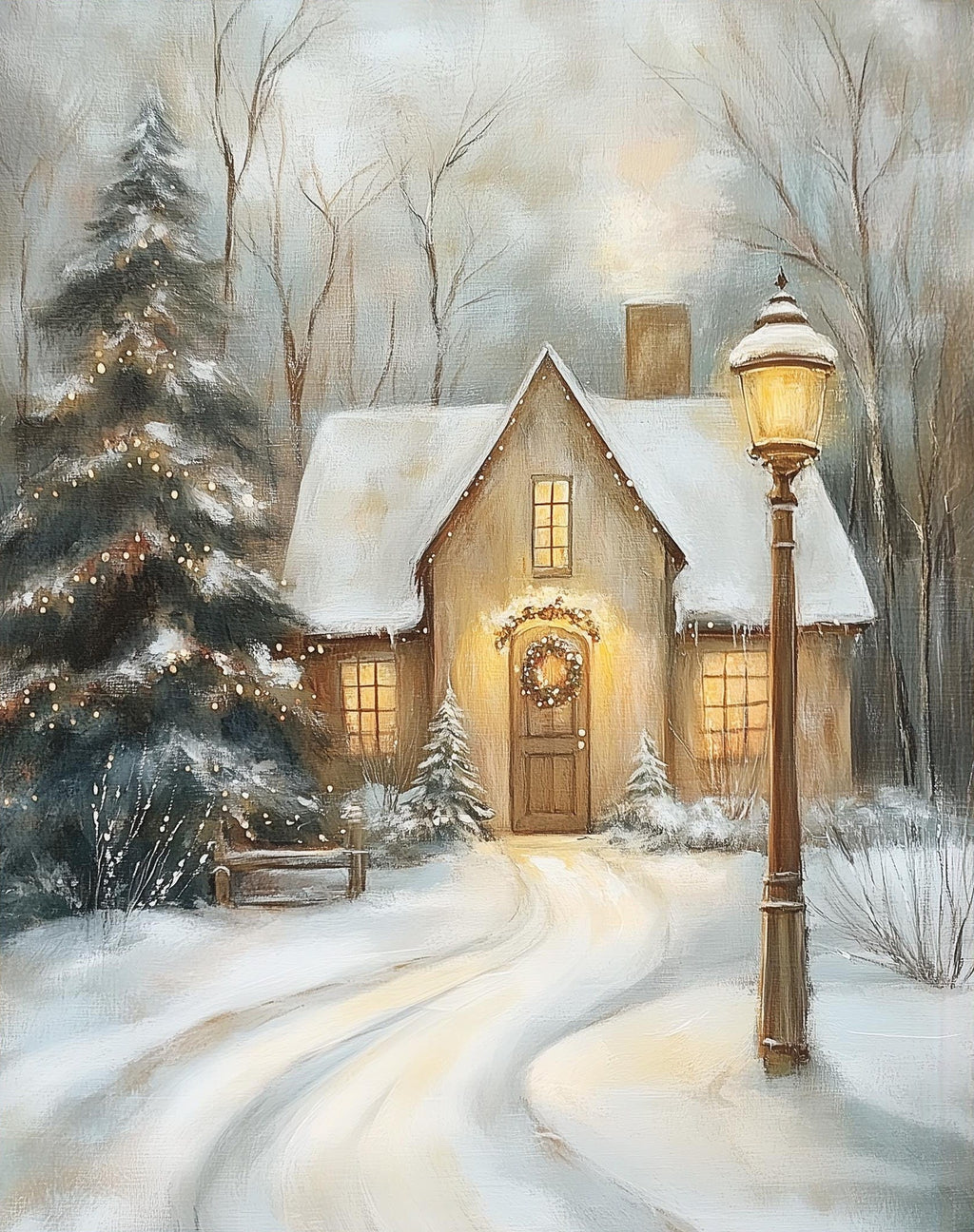 Snowy Cottage Christmas art print unframed, signed by Pattie Overcash