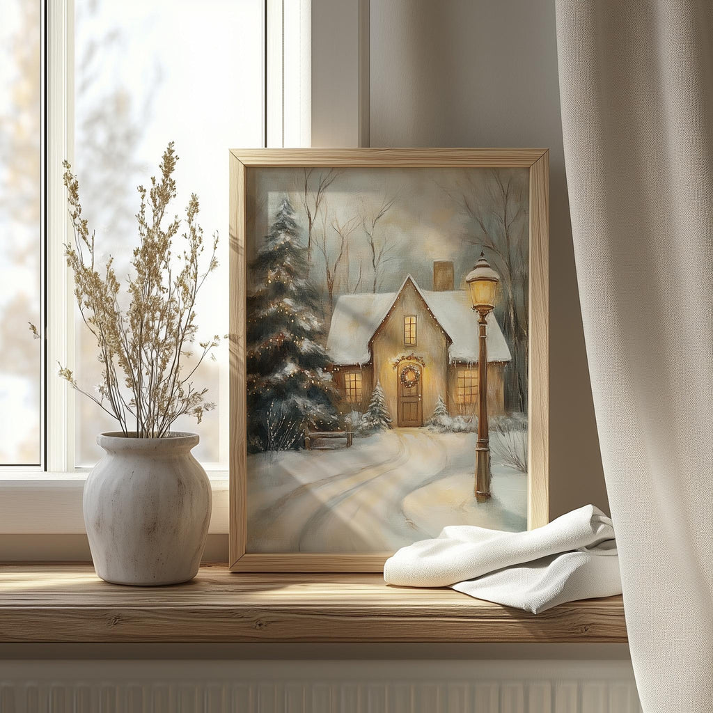 Snowy Cottage Christmas art print shown in a room setting