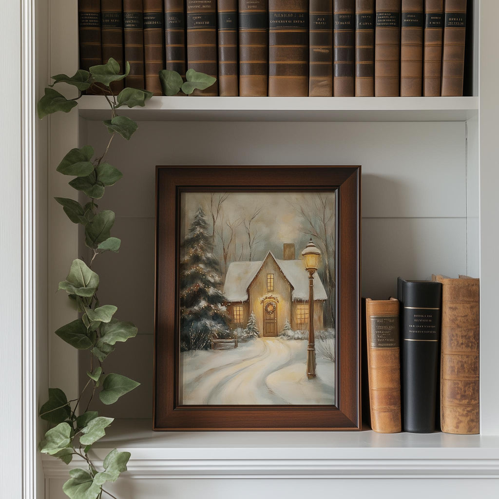Snowy Cottage Christmas art print shown in a room setting