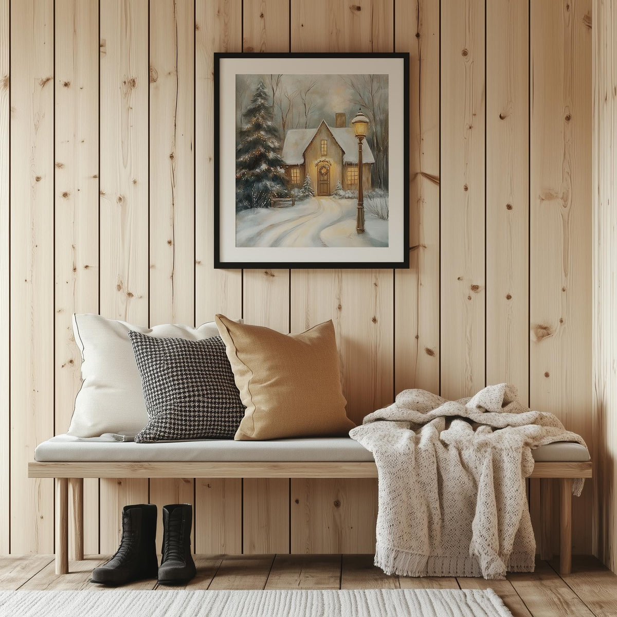 Snowy Cottage Christmas art print shown in a room setting