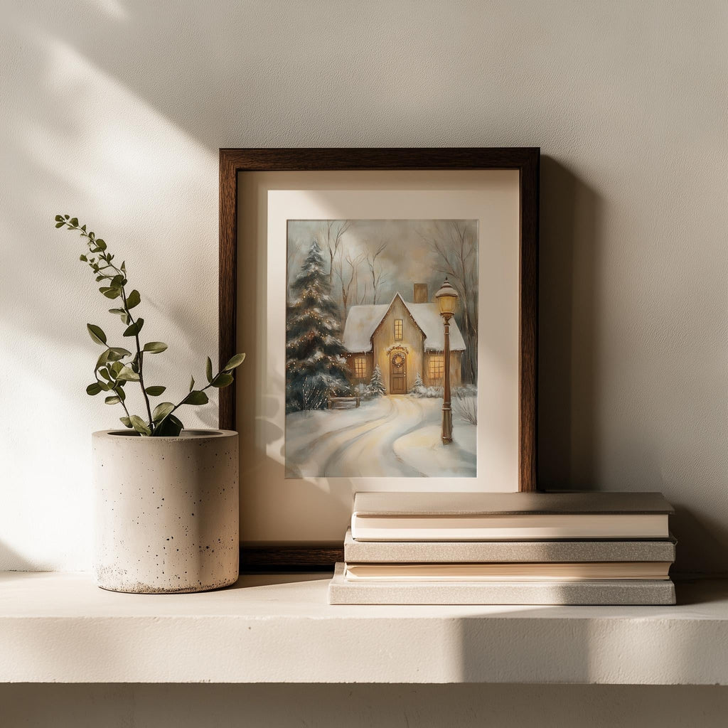 Snowy Cottage Christmas art print shown in a room setting