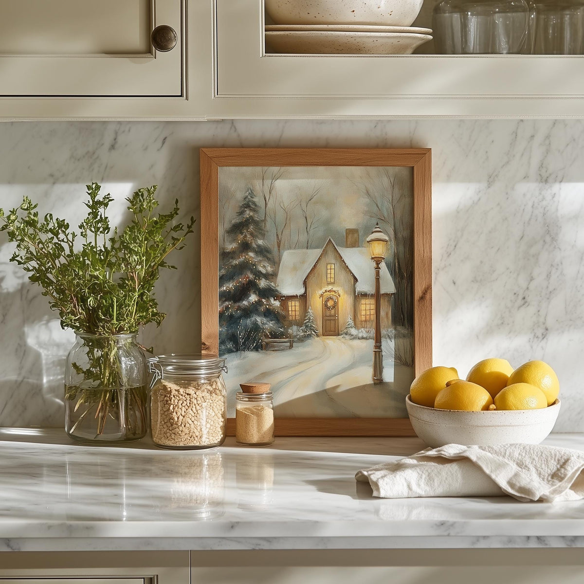 Snowy Cottage Christmas art print shown in a room setting