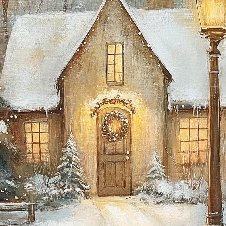 Snowy Cottage Christmas art print close-up detail