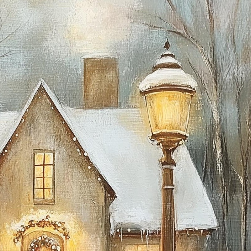 Snowy Cottage Christmas art print close-up detail