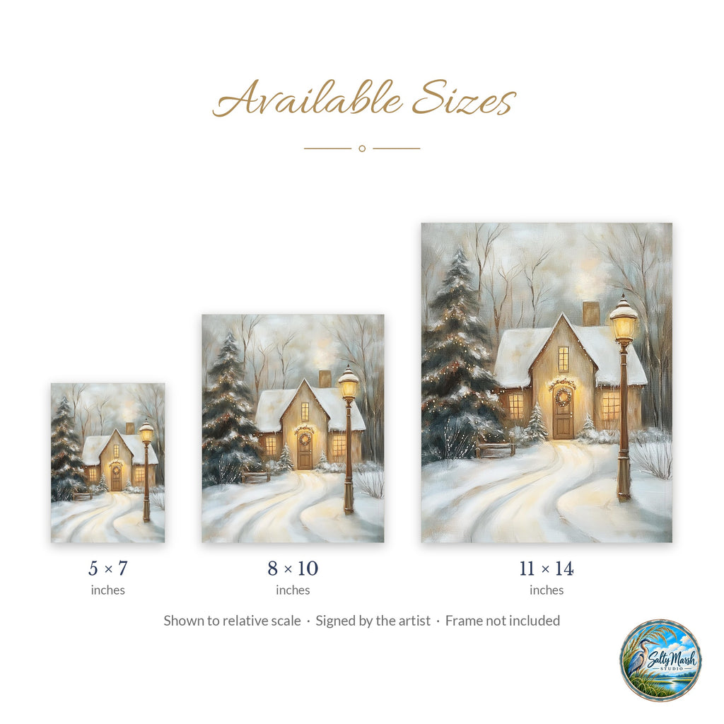 Snowy Cottage art print size guide: 5x7, 8x10 and 11x14