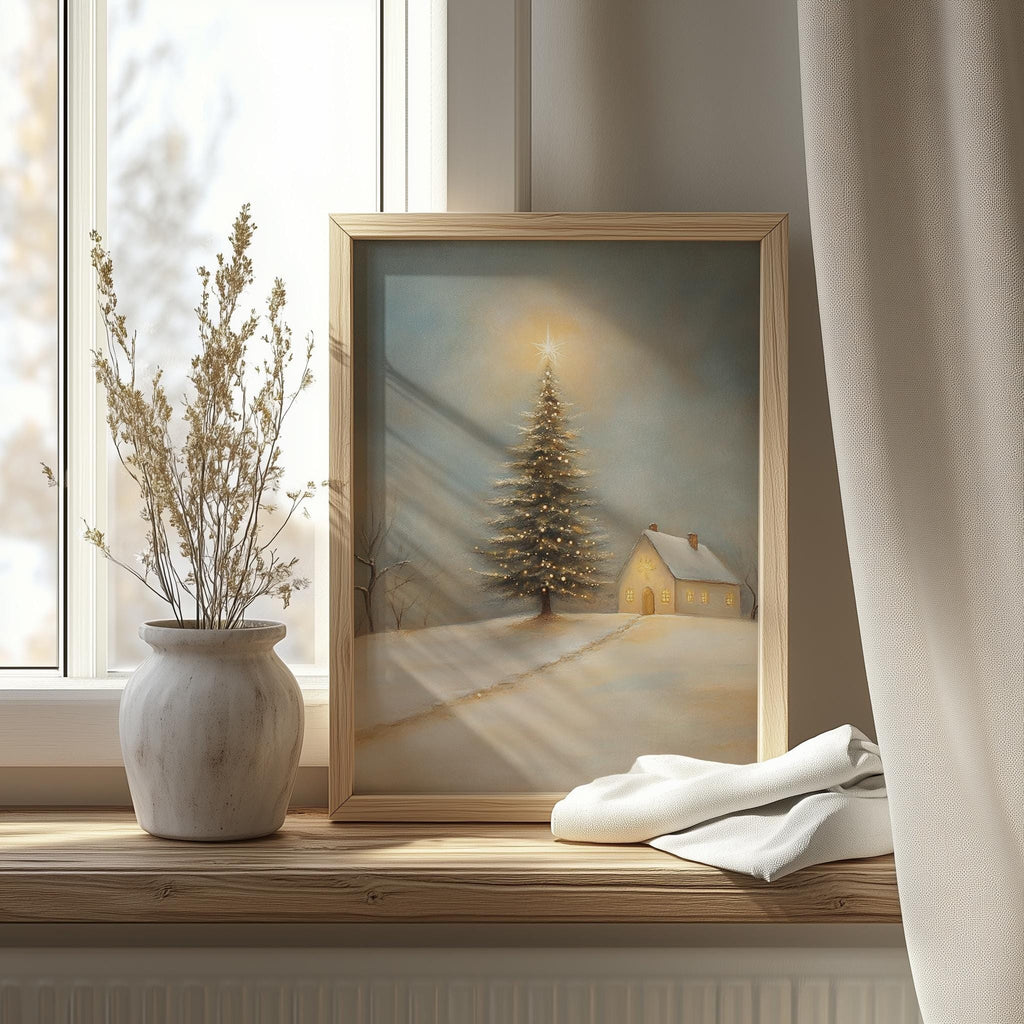 Glowing Tree Christmas art print shown in a room setting