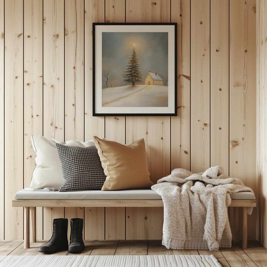Glowing Tree Christmas art print shown in a room setting