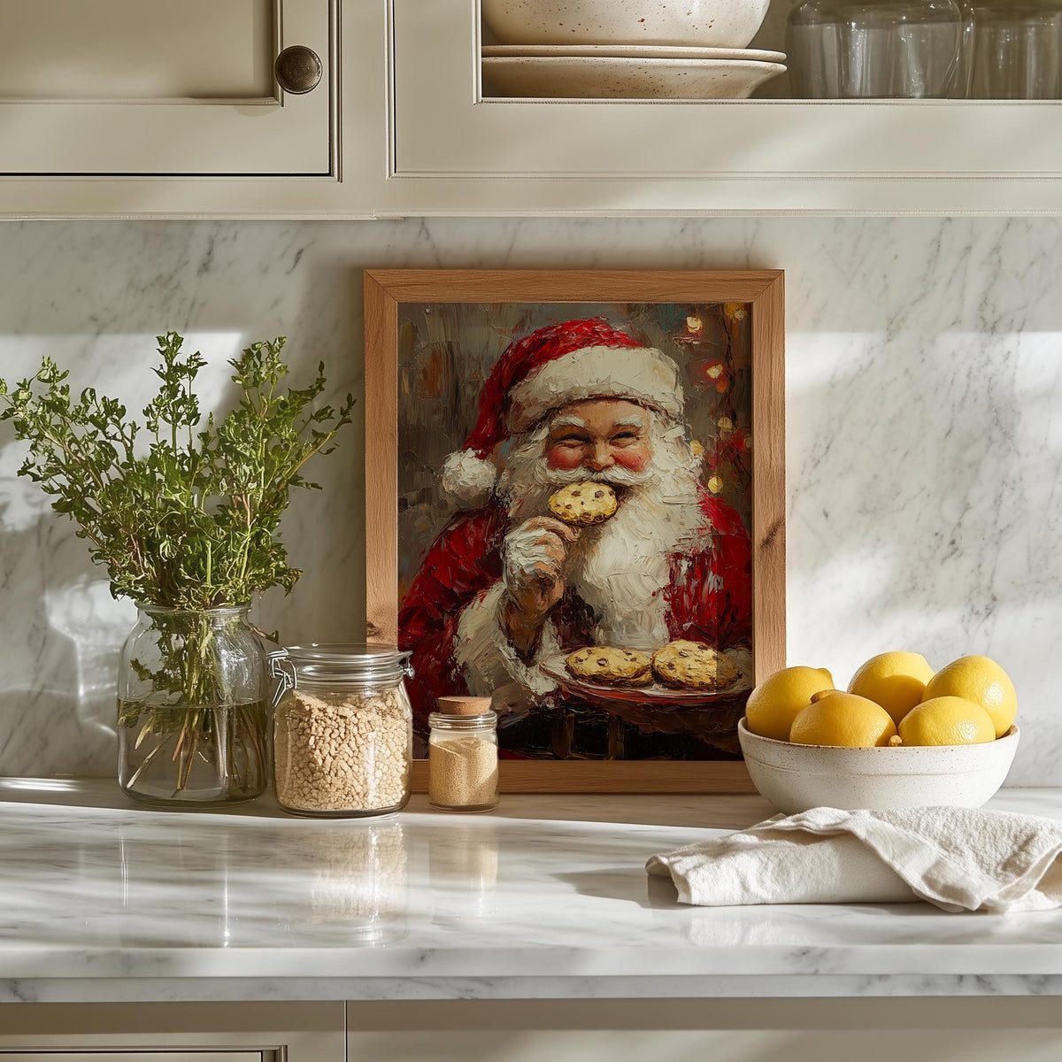 Santa Cookies Christmas art print shown in a room setting