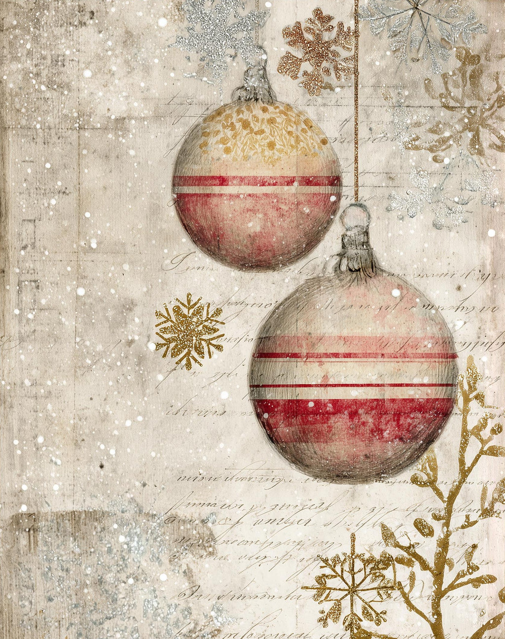 Vintage Ornaments Christmas art print unframed, signed by Pattie Overcash