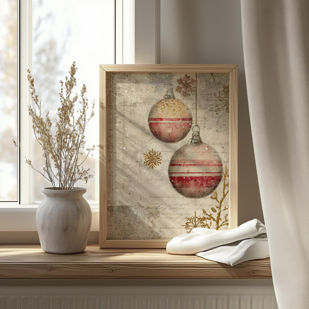 Vintage Ornaments Christmas art print shown in a room setting