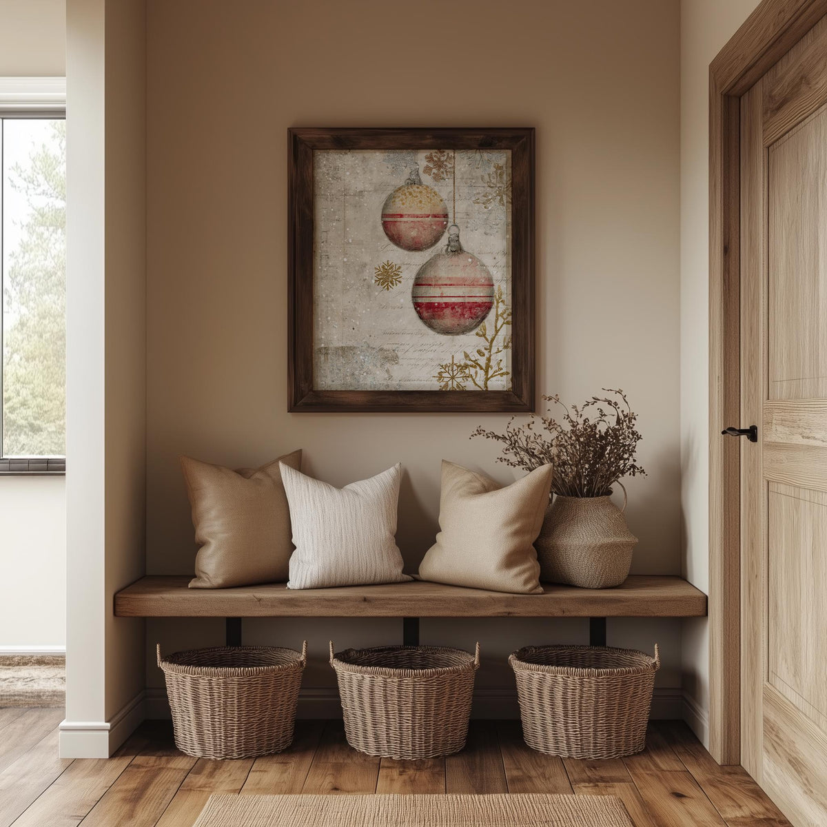 Vintage Ornaments Christmas art print shown in a room setting