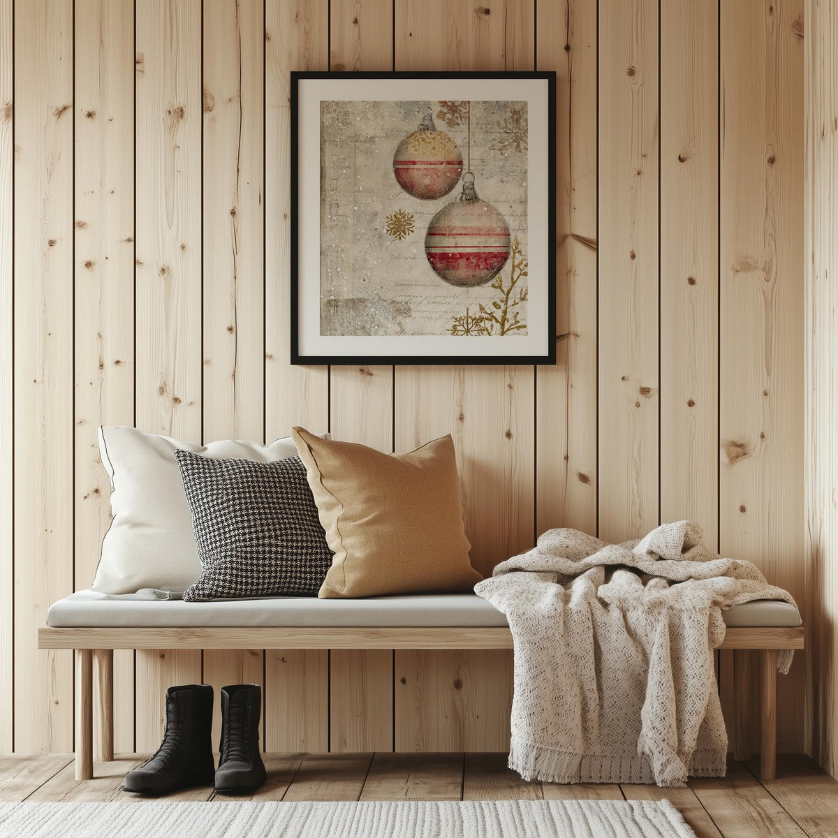 Vintage Ornaments Christmas art print shown in a room setting