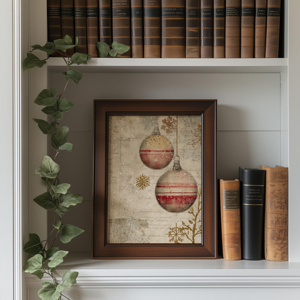 Vintage Ornaments Christmas art print shown in a room setting