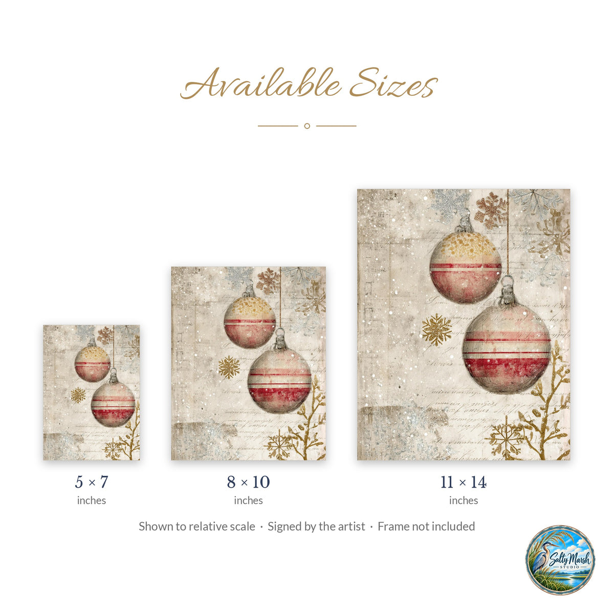 Vintage Ornaments art print size guide: 5x7, 8x10 and 11x14