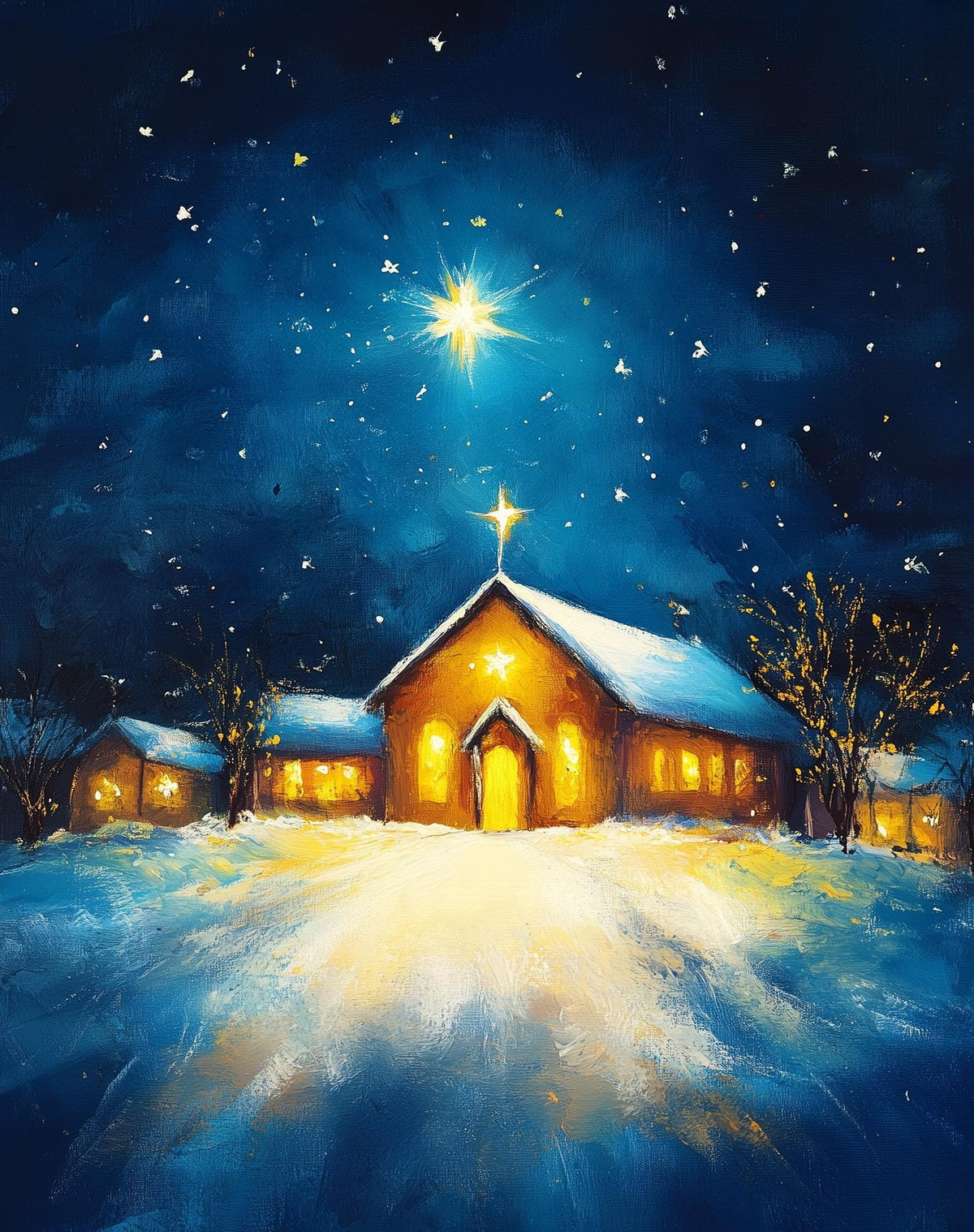 Country Church Christmas art print unframed, signed by Pattie Overcash