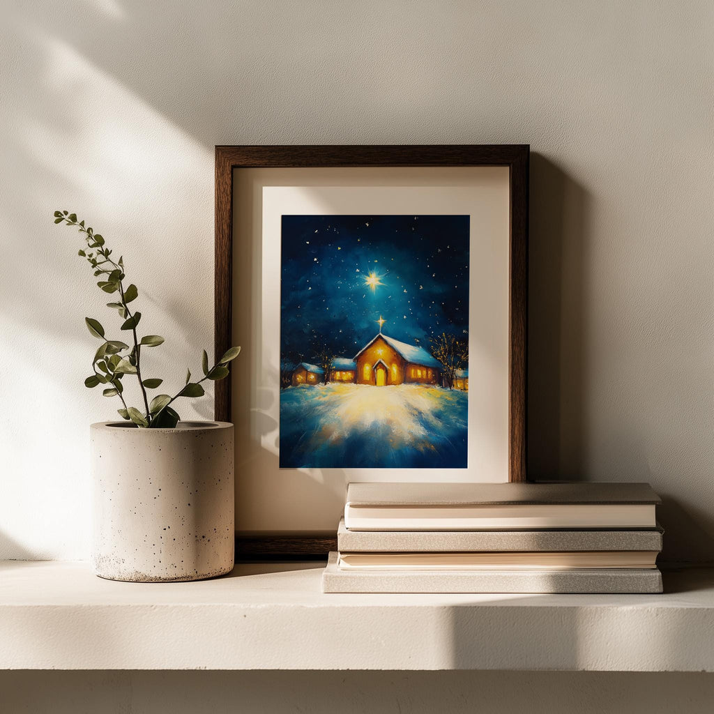 Country Church Christmas art print shown in a room setting